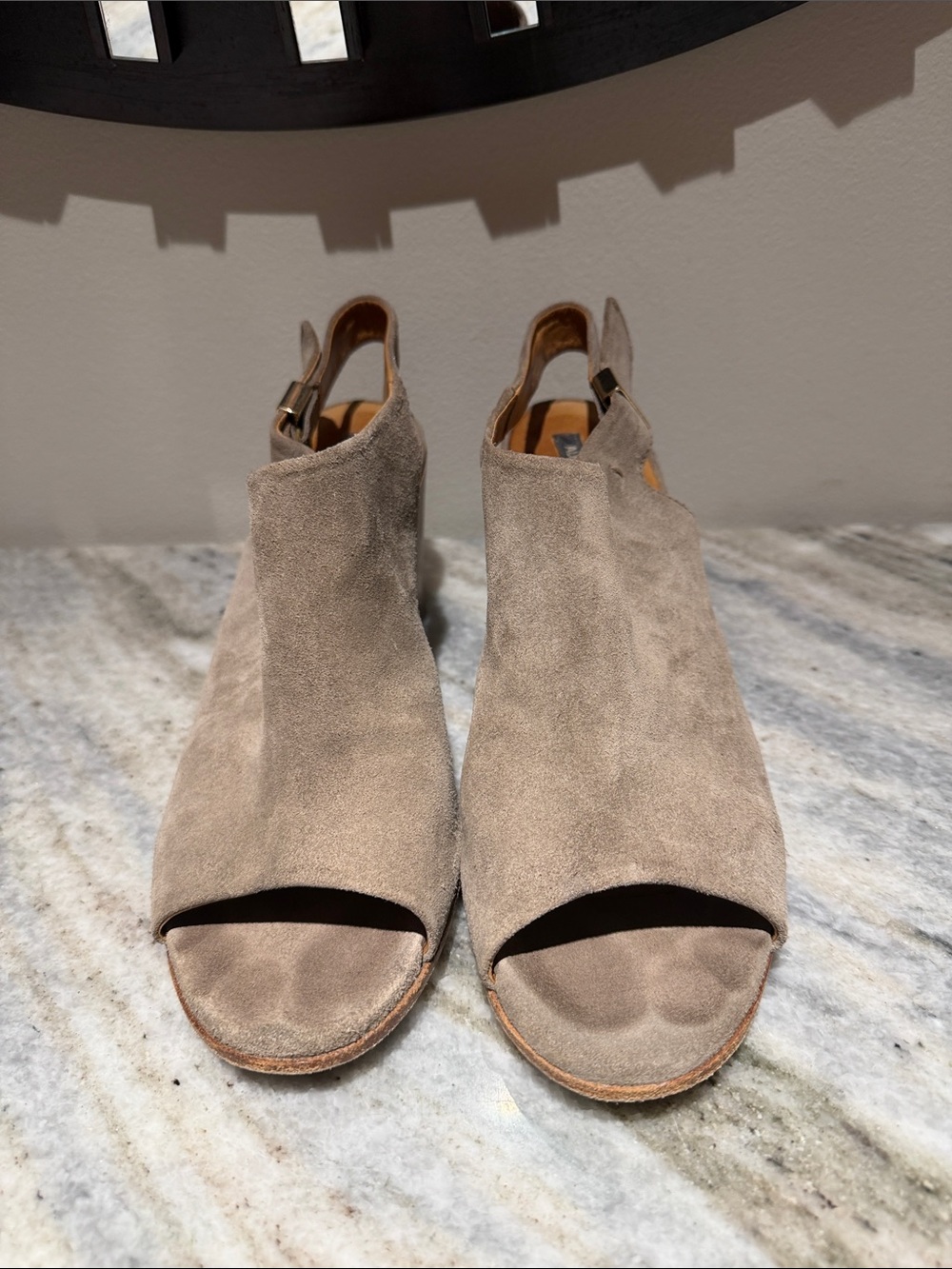 Alberto Fermani Suede Open-Toe Slingback Heels in Taupe